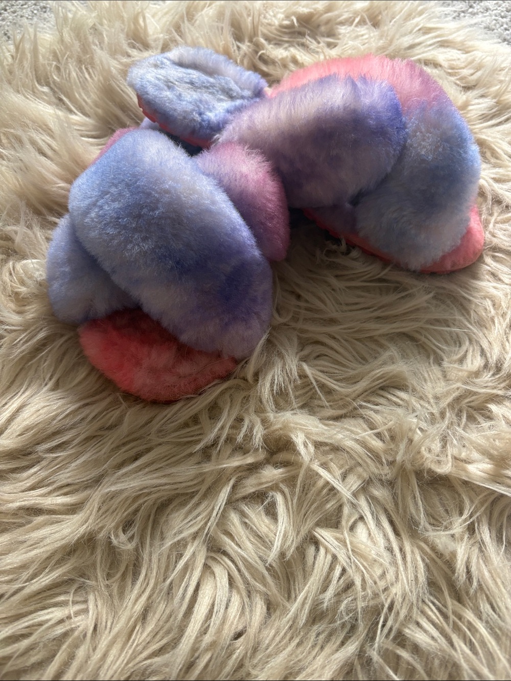 Plush Tie-Dye EMU Fuzzy Slide Slippers - Pink & Lavender